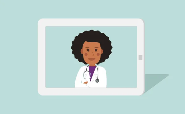 Video Conference Remote Your Doctor Tablet Screen Black Woman Doctor — Stock Vector