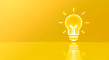 Neon sarısı renkli arka planda ampullü fikirler. Yaratıcılık ilhamı. Düz dizayn. 3d görüntüleme - illüstrasyon.