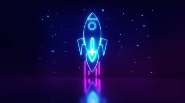Dijital neon ışığı, roket fırlatma ve arka planı karanlık yıldızlar. İş ya da proje afişi konsepti. Metin için alanı olan düz stil illüstrasyonu. 3d görüntüleme - illüstrasyon.