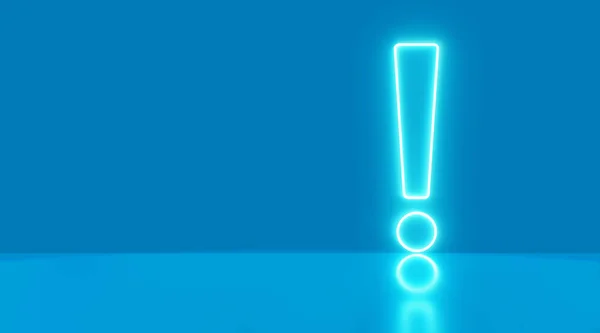 Exclamation mark icon neon light on panoramic blue background. Elements of Web in neon style icons. 3d rendering - illustration.