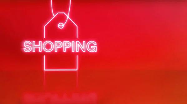 Shopping Neon Icona Luce Sfondo Rosso Con Spazio Testo Vendita — Foto Stock