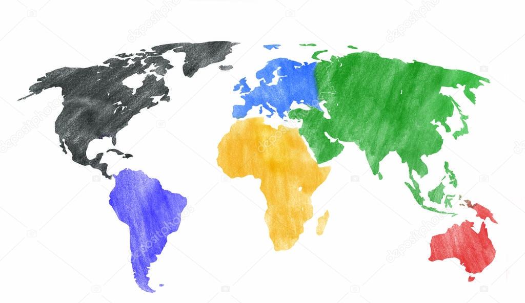 Hand drawn look of a world map with colored continents.
