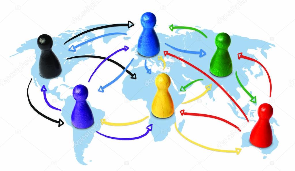 Concept for globalization, global networking, travel or global connection or transportation. Colorful figures with connecting arrows.
