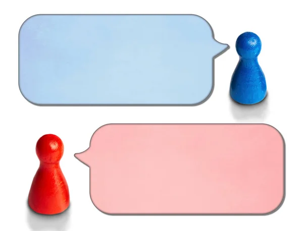Figuras de juego con burbujas angulares de habla aisladas sobre fondo blanco. Concepto de discusión, chat, comunicación . Imagen De Stock