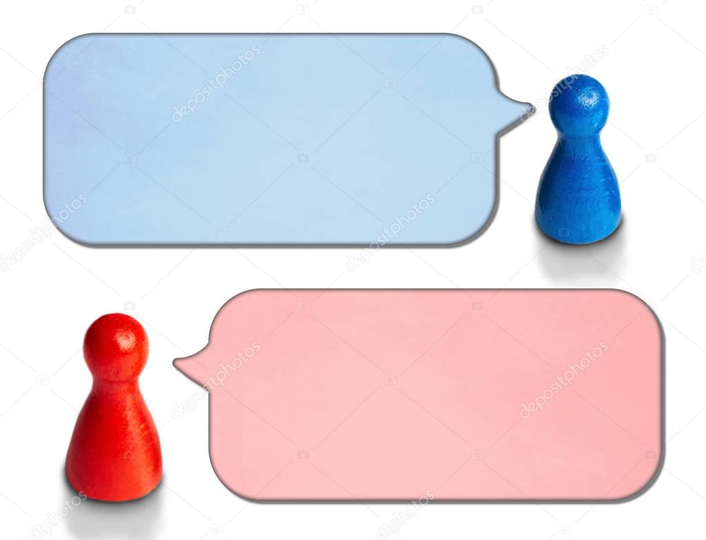 Game figures with angled speech bubbles isolated on white background. Concept for discussion, chat, communication.
