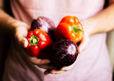 Taze organik kırmızı biber ve patlıcan içinde mans eller