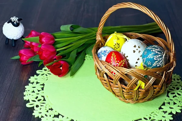 Basket full of Easter eggs for the Easter celebration happy. — Stock Photo, Image