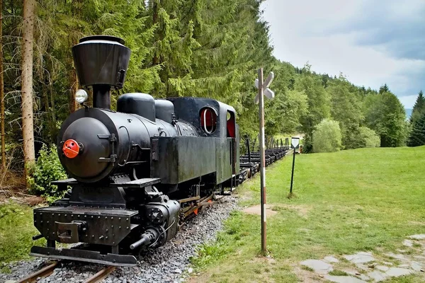 Ciernohronska železnice v obci Cierny Balog, Slovensko. Lokomotiva na nádraží v Cierny Balog. — Stock fotografie