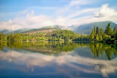 Strbske Pleso - ağaçlar bir dalış platformu ile su yüzeyinde yansıtma.