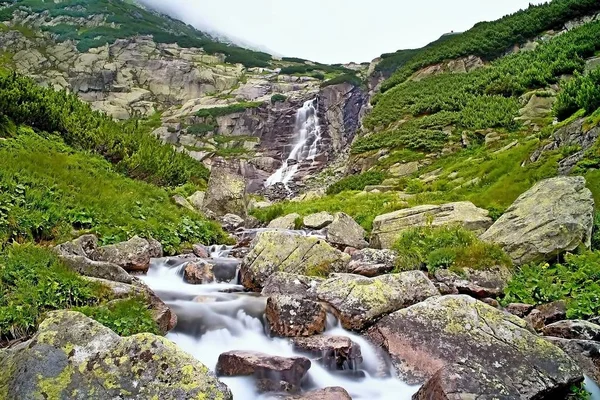 Su altında bir şelale Skok yüksek Tatras, kayalarda. Güzel Mlynicka Vadisi.