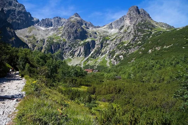 Green lake and Cottage near the Green lake with the background of the famous Tatras Shields. — Stockfoto