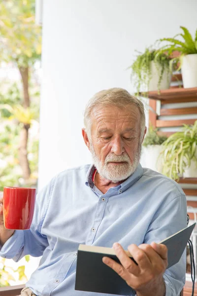 Senior Retiro Hombre Feliz Lectura Libro Casa — Foto de Stock