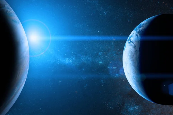 Earth in the outer space with beautiful planet. Blue sunrise.