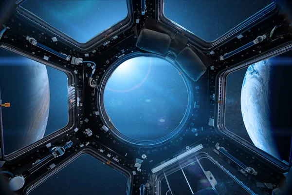 View from a porthole of space station on the Earth background. — Stock Photo, Image