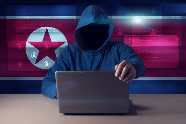 Dijital Kuzey Kore bayrağı arka plan üzerinde bir dizüstü bilgisayar önünde oturup hacker. — Stok fotoğraf