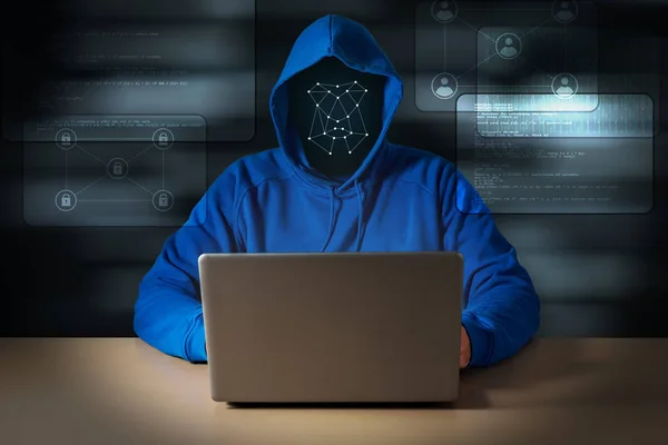 Computer hacker steals data from laptop. Method of face recognition.