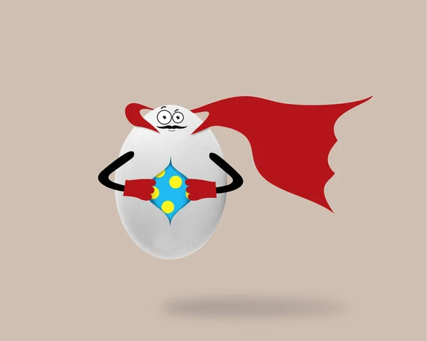 Cartoon illustration of superhero Easter egg with red cape.