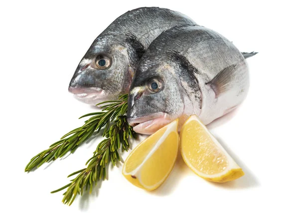 Peşte de dorado proaspăt crud cu lămâie şi rozmarin. Alimente sănătoase . — Fotografie, imagine de stoc
