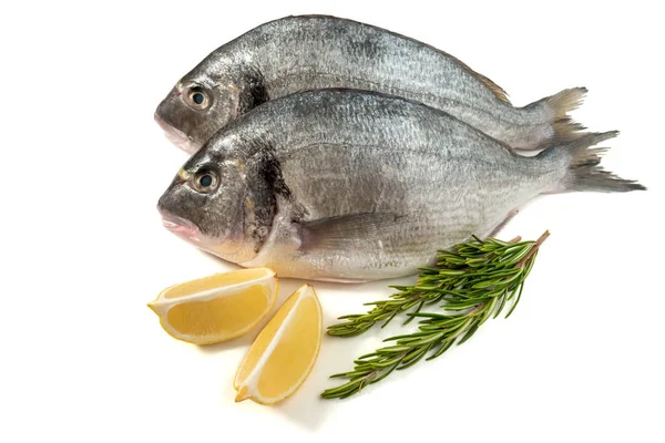 Peşte de dorado proaspăt crud cu lămâie şi rozmarin. Alimente sănătoase . — Fotografie, imagine de stoc