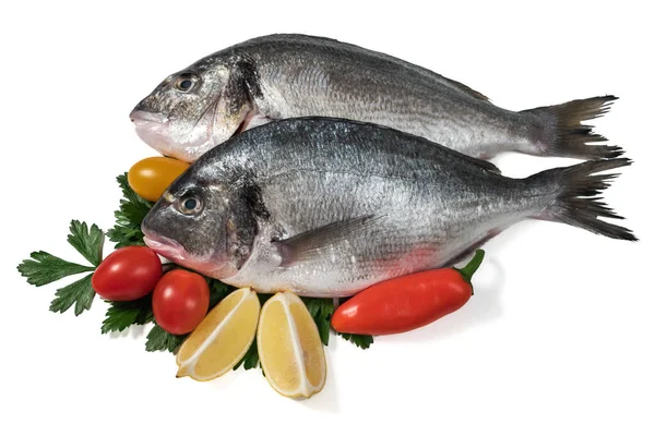 Nyers friss dorado hal zöldségekkel. Egészséges táplálkozás. — Stock Fotó