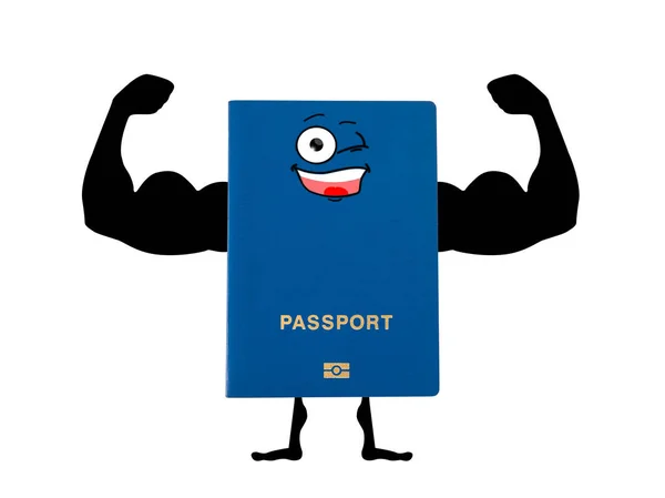 Niebieski paszport ręką wyciągnięte ręce kulturysta. — Zdjęcie stockowe