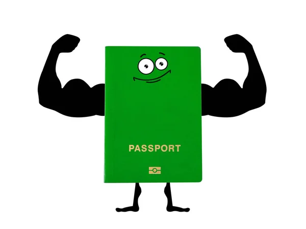 Zielony paszport ręką wyciągnięte ręce kulturysta. — Zdjęcie stockowe