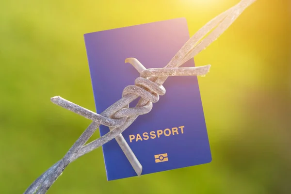 Drut kolczasty, z paszportem na zielonym tle nieostry — Zdjęcie stockowe