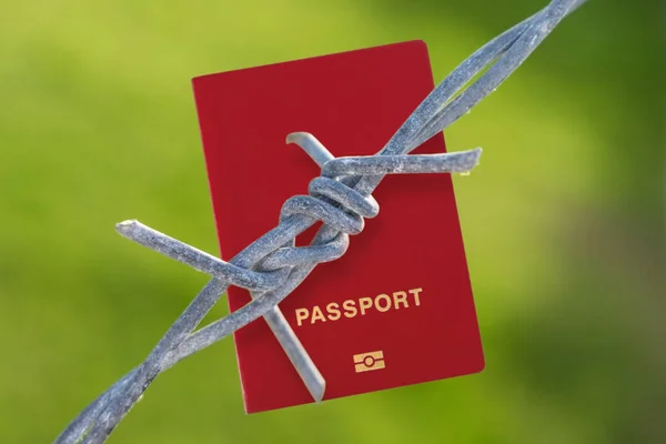 Drut kolczasty, z paszportem na zielonym tle nieostry — Zdjęcie stockowe