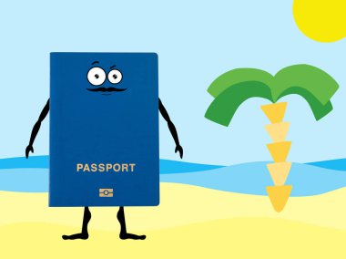 Bir yandan mavi pasaport beach palmiye ağacı ile çizilmiş. 