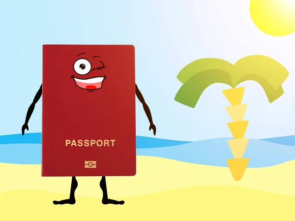 Κόκκινο διαβατηρίου σε ένα χέρι που παραλία με φοίνικες. — Φωτογραφία Αρχείου