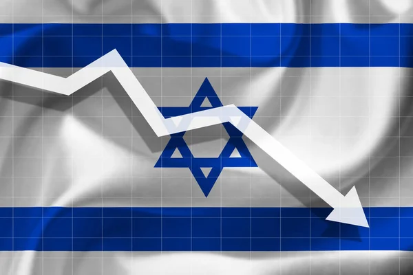 Biała strzałka spada na tle flagi Izraela — Zdjęcie stockowe