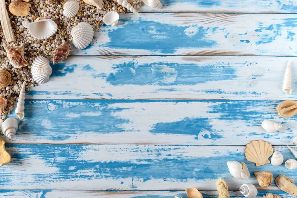 Telaio conchiglie mare su tavola di legno blu vintage — Foto Stock