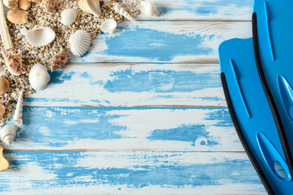 Accessori Spiaggia Tavola Legno Blu Vintage Concetto Vacanza Estiva — Foto Stock