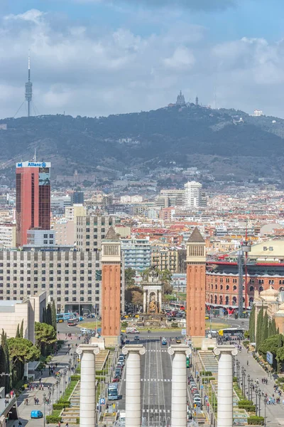 Barcelona Espanha Março 2019 Vista Plaza Espanha Barcelona Colunas Montjuic — Fotografia de Stock