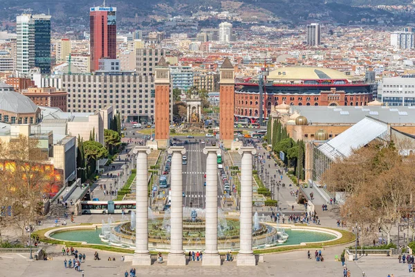 Barcelona Espanha Março 2019 Vista Plaza Espana Barcelona Colunas Montjuic — Fotografia de Stock