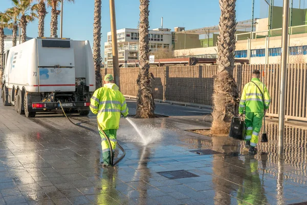 Barcelona Spain March 2019 Wet Cleaning Street Pressurized Water — Stock Photo, Image