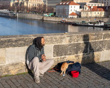 Prag, Çek Cumhuriyeti - 14 Ocak 2020: Charles Köprüsü 'nde kedisi olan evsiz bir adam yardım ve para için yalvarıyor. Büyük modern şehirlerin sorunları.