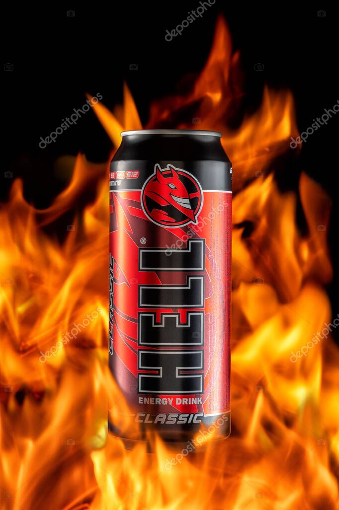 Heraklion, Greece -February 06, 2020: Product shot of energy drink Hell on fire backdrop.