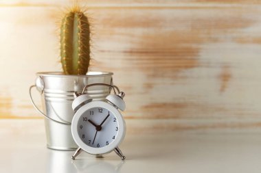 Tahta masadaki kaktüslü beyaz çalar saat. Asgari zaman kavramı.