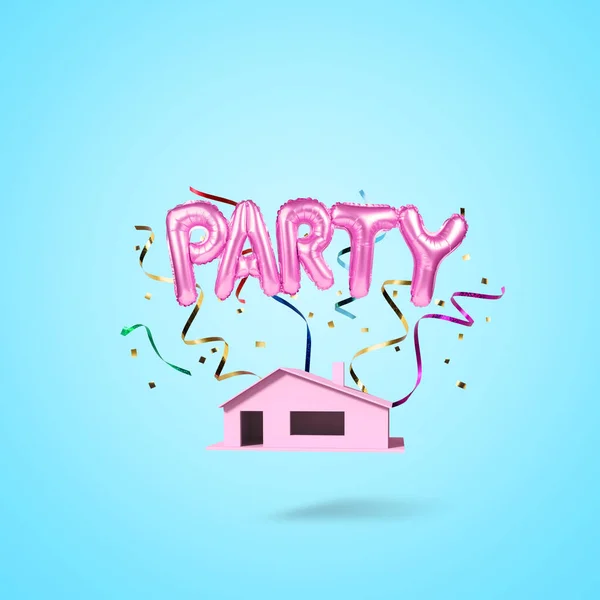 Rózsaszín Party Léggömb Rózsaszín Ház Kék Háttérrel Minimális Nyaralási Koncepció — Stock Fotó
