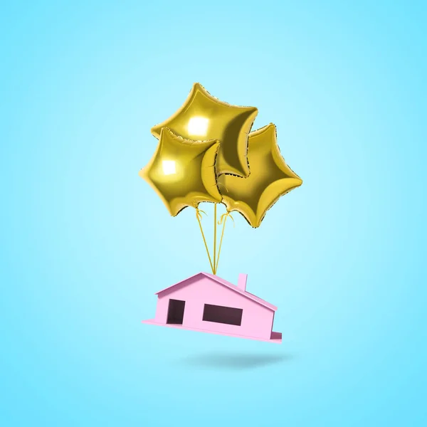 Balão Estrela Ouro Com Casa Rosa Fundo Azul Conceito Férias — Fotografia de Stock