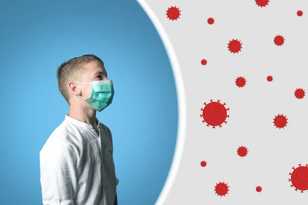 Ragazzo Con Una Maschera Medica Sul Viso Sfondo Brillante Virus — Foto Stock