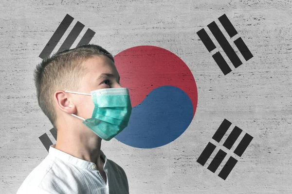 Boy Medical Mask His Face Background South Korea Flag Epidemic — Stock Photo, Image