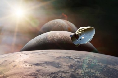 Gezegenlerin arka planında Dünya yörüngesindeki kargo uzay aracı. Bu görüntünün elementleri NASA tarafından desteklenmektedir.
