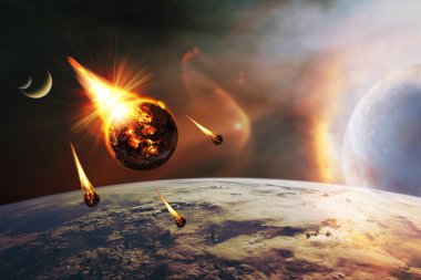Apokaliptik soyut bir arka plan ve yanan bir gezegen. Bu görüntünün elementleri NASA tarafından desteklenmektedir.