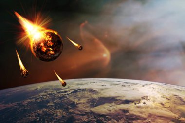 Apokaliptik soyut bir arka plan ve yanan bir gezegen. Bu görüntünün elementleri NASA tarafından desteklenmektedir.