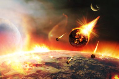 Apokaliptik soyut bir arka plan ve yanan bir gezegen. Bu görüntünün elementleri NASA tarafından desteklenmektedir.