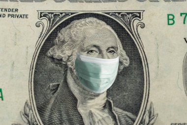 Washingtone 'un yüzünde tıbbi maske olan bir dolarlık banknot. Salgın virüsü 2019-nCoV Solunum Sendromu. Tıp konsepti.