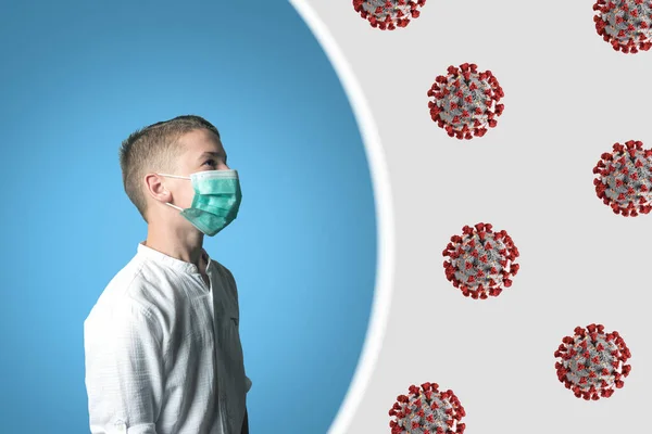 Ragazzo Con Una Maschera Medica Sul Viso Sfondo Brillante Virus — Foto Stock