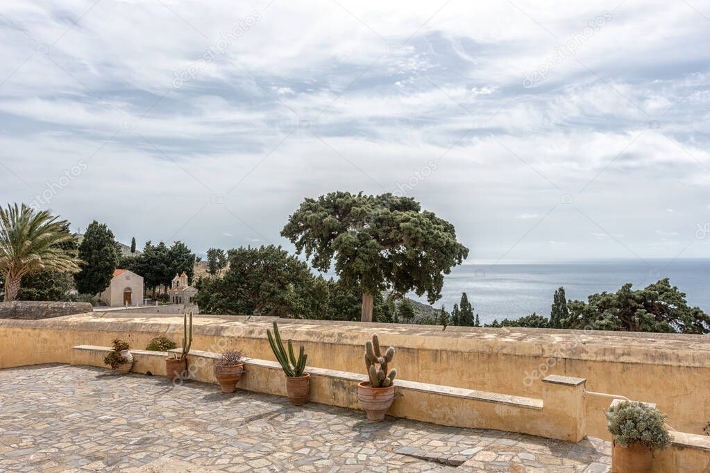 View of Preveli monastery courtyard with the church of Saint John in Greece, Crete island.